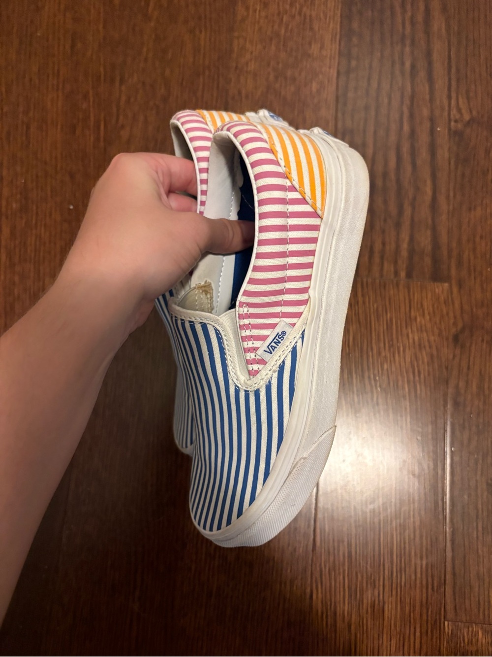 Vans Multi-Stripe Slip-On Sneakers — Blue, Pink & Yellow